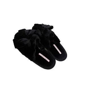 Victoria's Secret Womens Black Close Toe Bow Slip On Slide Fluffy Slippers Large